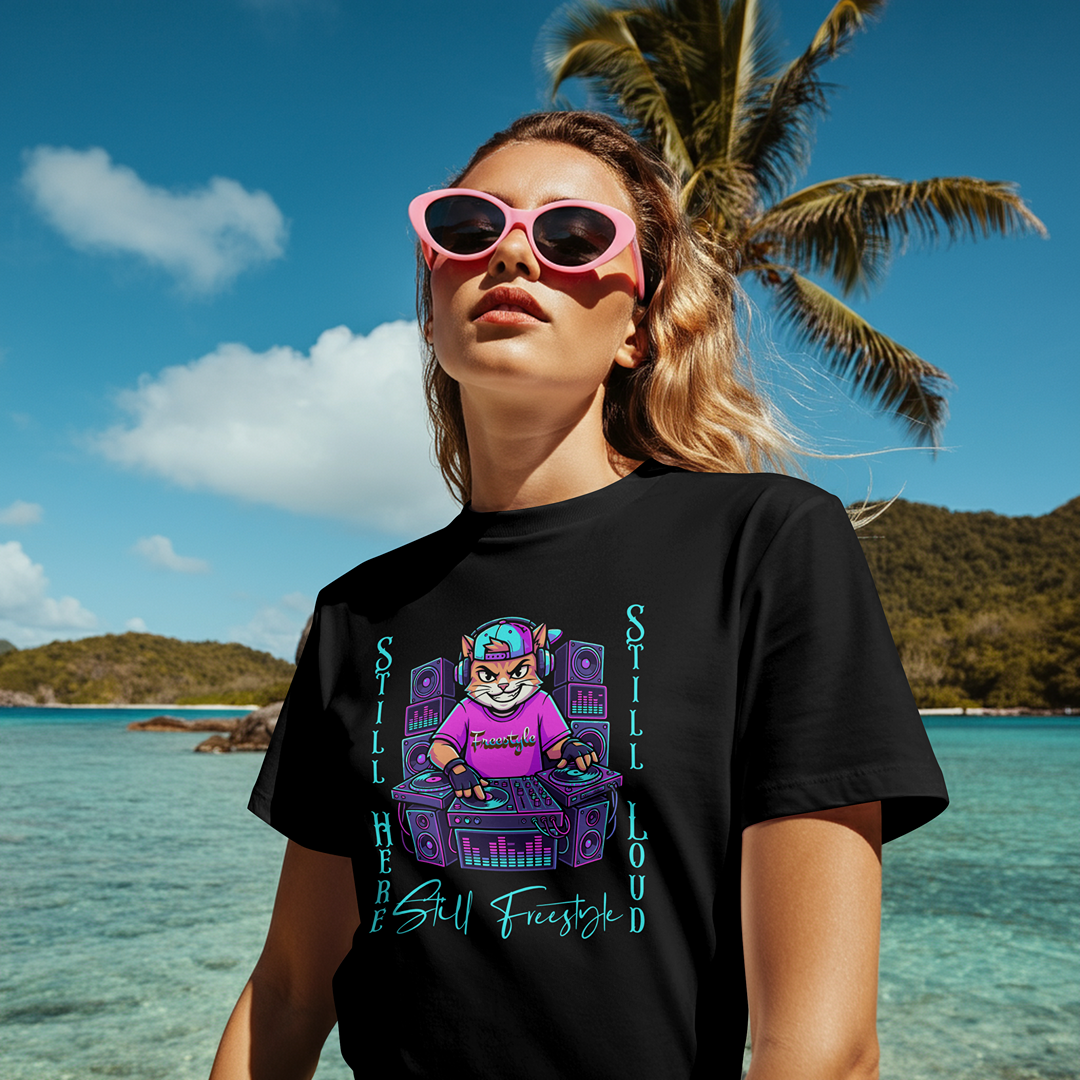 Still Here Still Loud Freestyle Cat DJ T-Shirt – Graphic Streetwear Tee